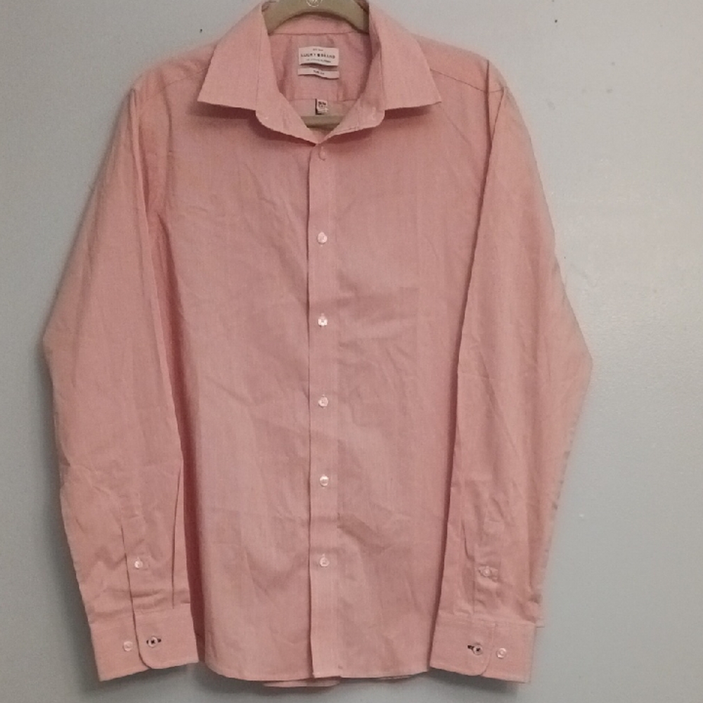 Lucky Brand size M men's slim fit light pink and white button-down dress shirt.